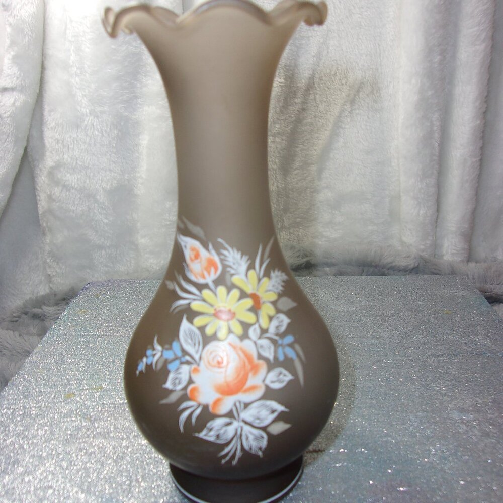 H-193 WESTMORLAND SATIN BROWN GLASS VASE WITH HAND PAINTED FLOWERS